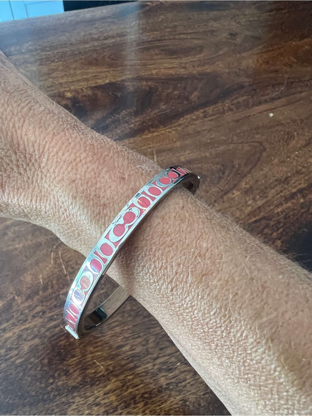 Coach Silver and  Pink Enamel Logo Cuff Bracelet - Women Jewelry